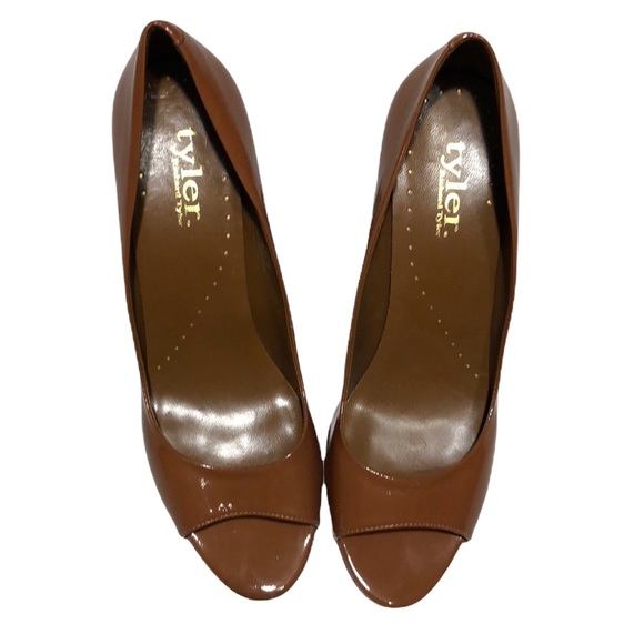 RICHARD TYLER Tobacco Rumba Genuine Patent Leather Peep Toe Pumps size 8.5 - Picture 3 of 12